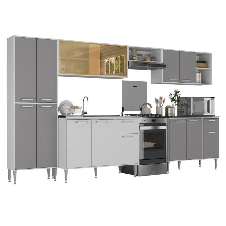 Armário de Cozinha Completa 6 Pçs com Balcão Gabinete Siena Multimóveis MP2243 Branco/Lacca Fumê