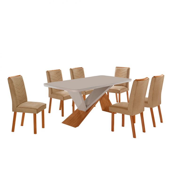 Conjunto De Mesa Retangular Com Tampo De Vidro Off White Ayla E 6 Cadeiras Turquesa Linho Bege E Amadeirado 180 Cm