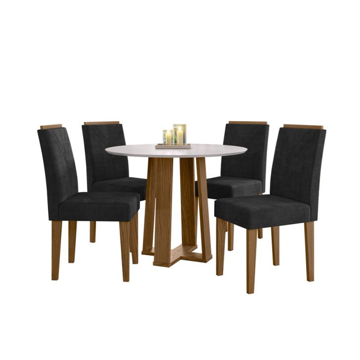 Conjunto De Mesa Redonda Com Tampo De Vidro Off White Isabela E 4 Cadeiras Amanda Veludo Preto E Ypê
