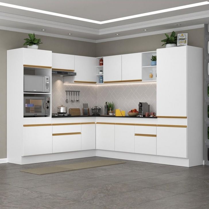 Cozinha Completa de Canto com Rodapé Veneza Multimóveis MP2081 com Armário e Balcão Branca