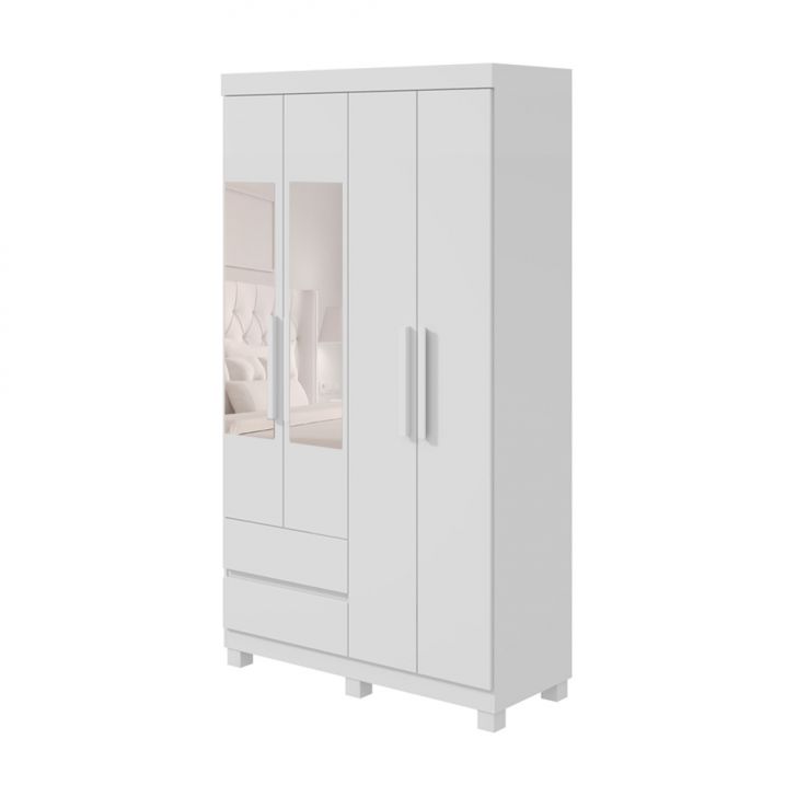 Guarda-roupa Casal Com Espelho Zeus Com Pés 4 Portas 2 Gavetas Branco