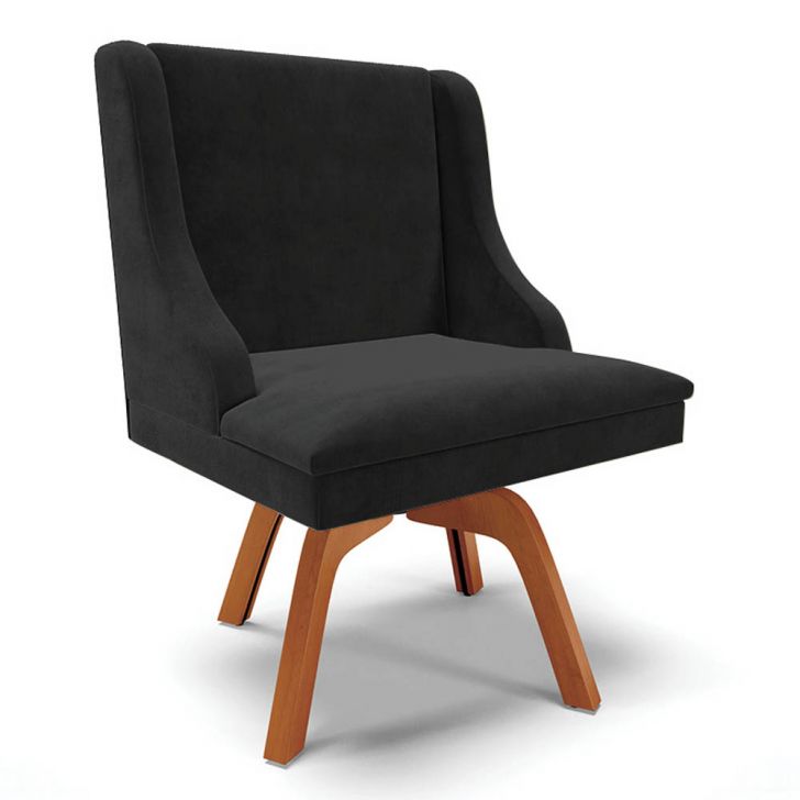 Cadeira Estofada para Sala de Jantar Base Giratória de Madeira Lia Suede Preto - Ibiza