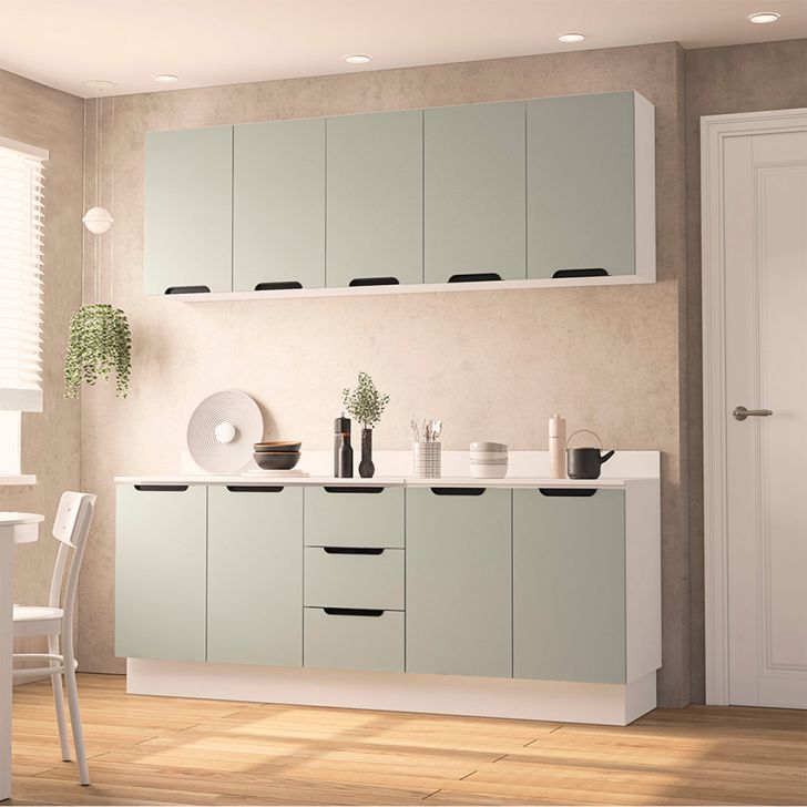 Cozinha Completa Com Tampo E Rodapé Meena 9 Portas 3 Gavetas Verde E Branca