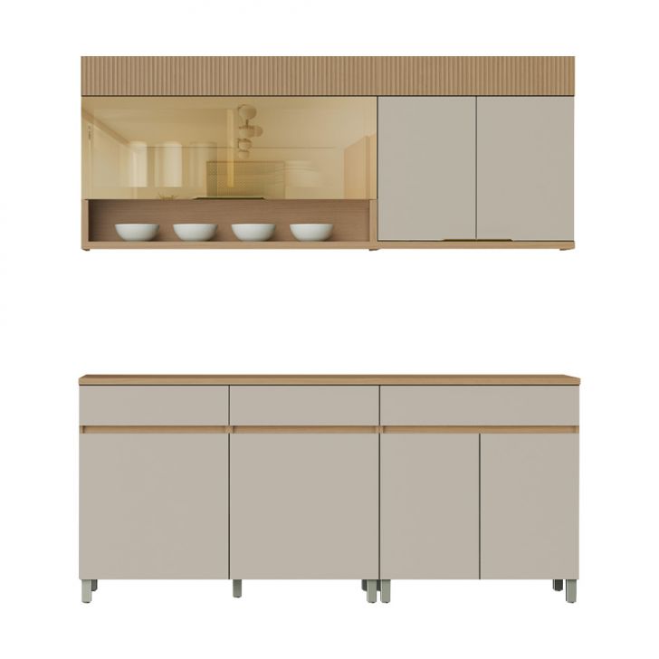 Cozinha Compacta 100% MDF com Vidro Reflecta Realeza Premium 7 Portas 3 Gavetas Bege e Carvalho