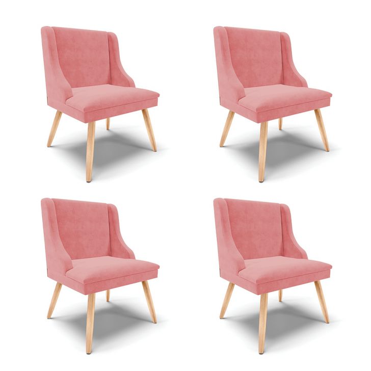 Kit 04 Cadeiras de Jantar Liz Suede Rosê Pés Palito Natural - D'Rossi