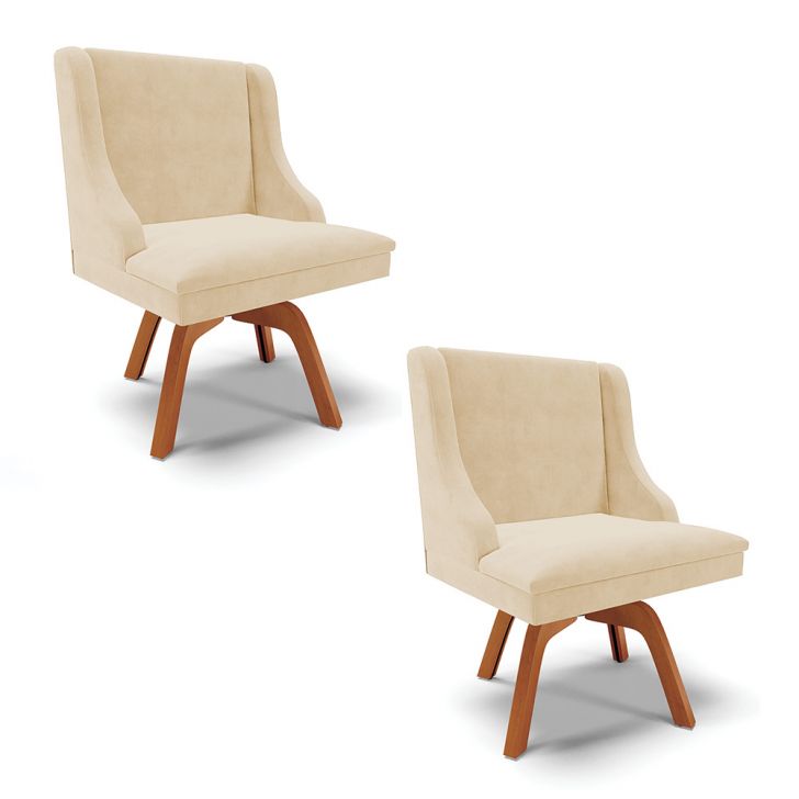 Kit 02 Cadeiras de Jantar Liz Suede Bege Base Giratória de Madeira MM35 - D'Rossi