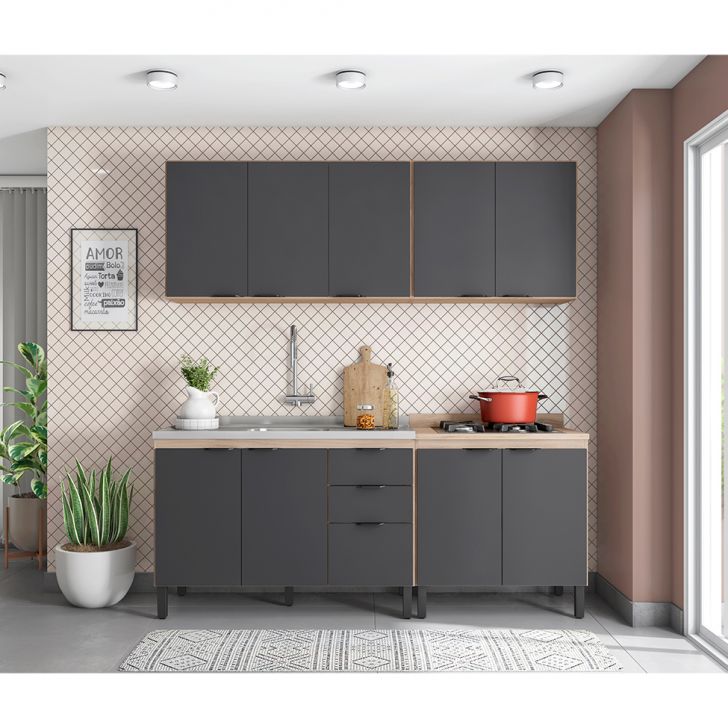 Cozinha Compacta Firenze II 10 Portas 2 Gavetas Avena e Grafito