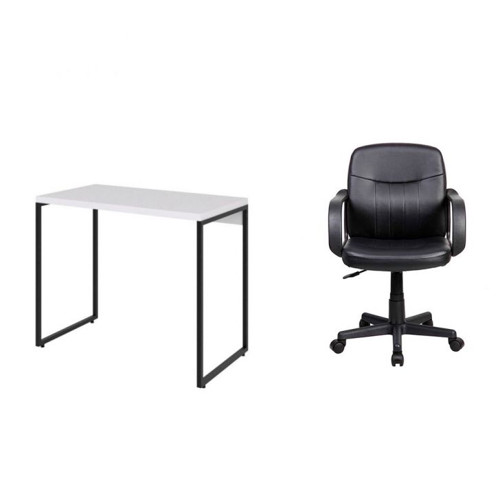 Conjunto de Mesa Studio Branca e Preta com Cadeira de Escritório Secretária Giratória Clean Preta