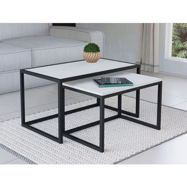 Conjunto Mesa De Centro Industrial 85cm e 80cm Aço Preto Duo Madeira Branca