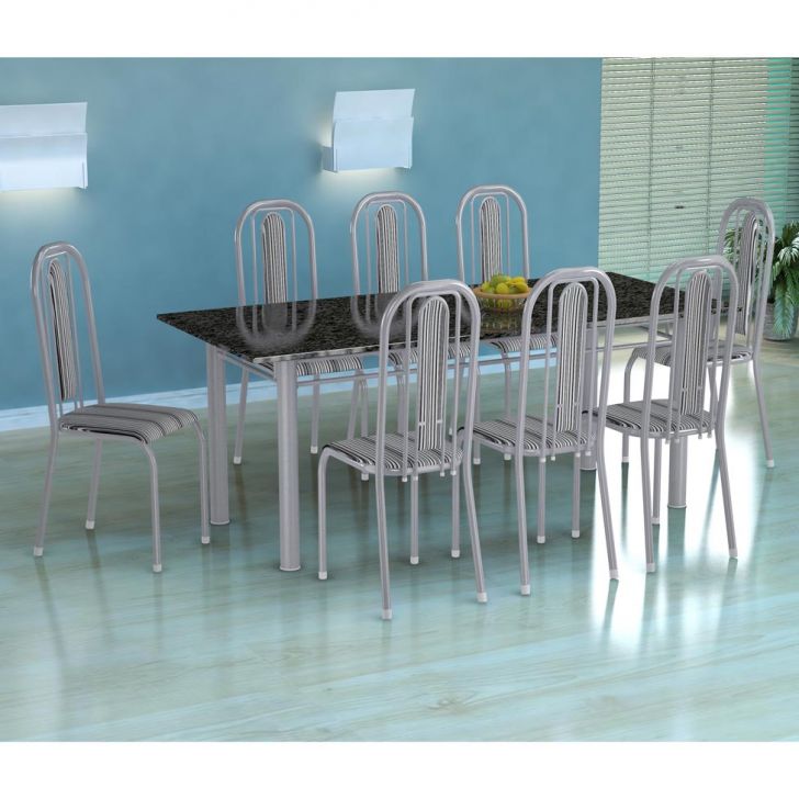 Conjunto De Mesa Córdoba Com 8 Cadeiras Granada Branco Prata E Preto Listrado Grafite