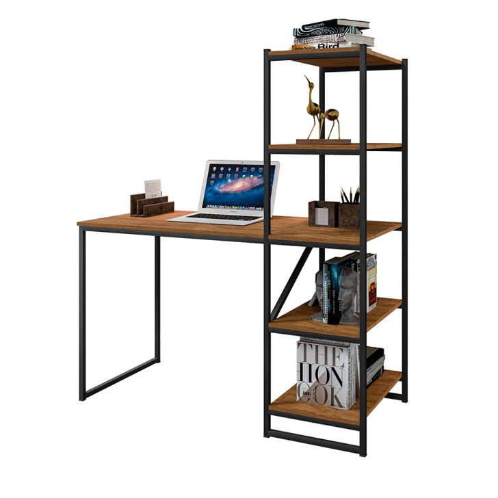 Escrivaninha com Estante Fit Canela Rústico e Preta