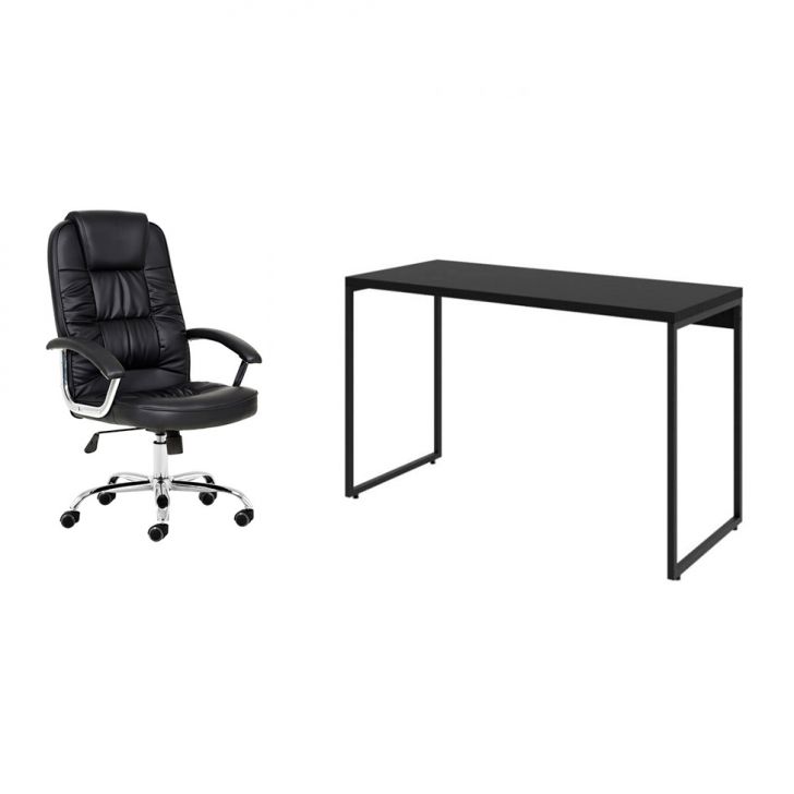 Conjunto de Mesa Studio 120 cm com Cadeira de Escritório Presidente Giratória com Relax Finland Preta