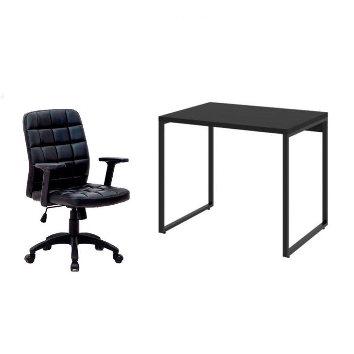 Conjunto de Mesa Kuadra com Cadeira de Escritório Diretor Giratória Fitz com Braços Ajustáveis Preta