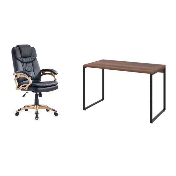 Conjunto de Mesa Kuadra Nogal 120 cm com Cadeira de Escritório Presidente Giratória com Relax Clark Preta e Dourada