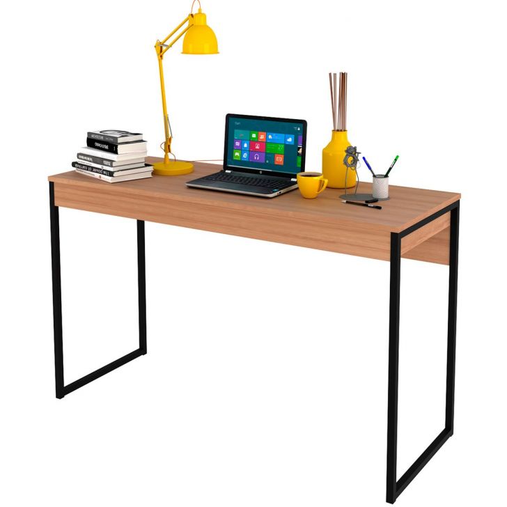 Mesa para Escritório Escrivaninha Estilo Industrial Amêndoa/Preto