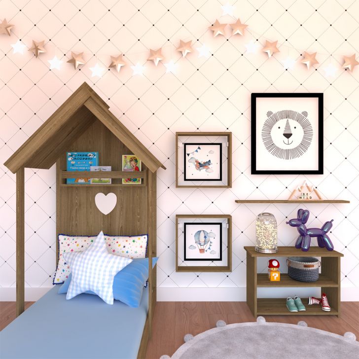 Conjunto de Cama Infantil com Estante, Prateleira e Nichos Enjoy Carvalho