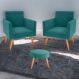 Conjunto Poltronas e Puff Anari Veludo Verde Menta