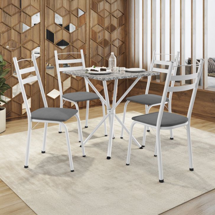 Conjunto De Mesa Quadrada Com Tampo Granito E 4 Cadeiras Léia Revestimento Sintético Platina E Branco
