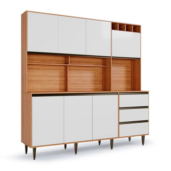 Armário de Cozinha Versatti 7 Portas 3 Gavetas Off White e Freijó