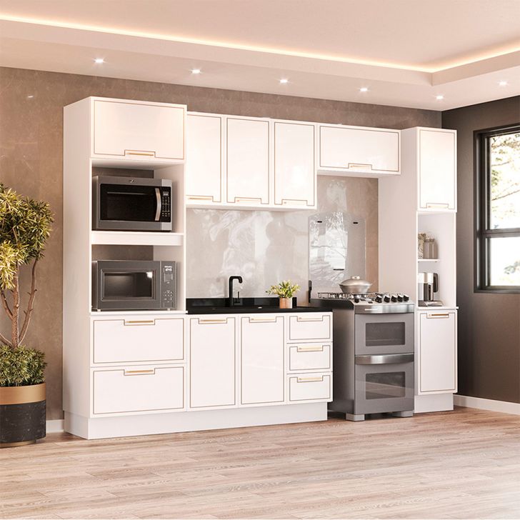 Image of Cozinha Compacta Sem Tampo Com Rodapé E Paneleiro Amara 10 Portas 4 Gavetas Branca PLA-MO895CL95PSEMOB