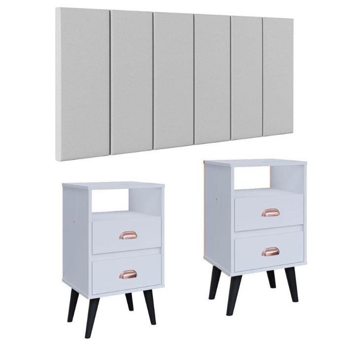 Cabeceira Estofada Modular Box Casal 1,40 Julia Jogo 2 Mesinha Pequena Gaveta Nicho Canto Lateral Cama Classic New - Branco-RPM