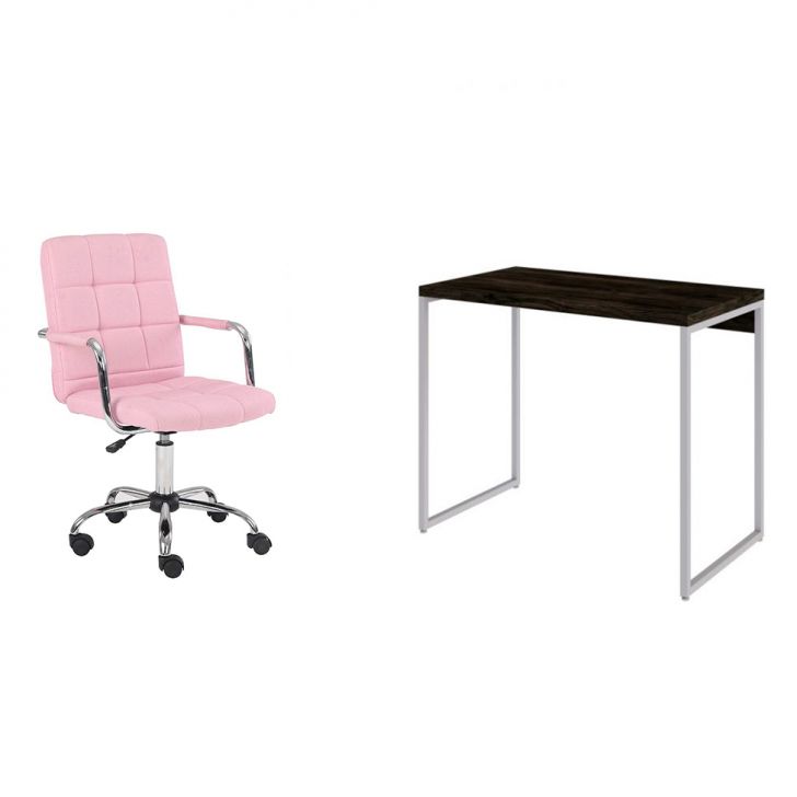 Conjunto de Mesa Carvalho Dark e Branca com Cadeira de Escritório Secretária Giratória Fitz Rosa