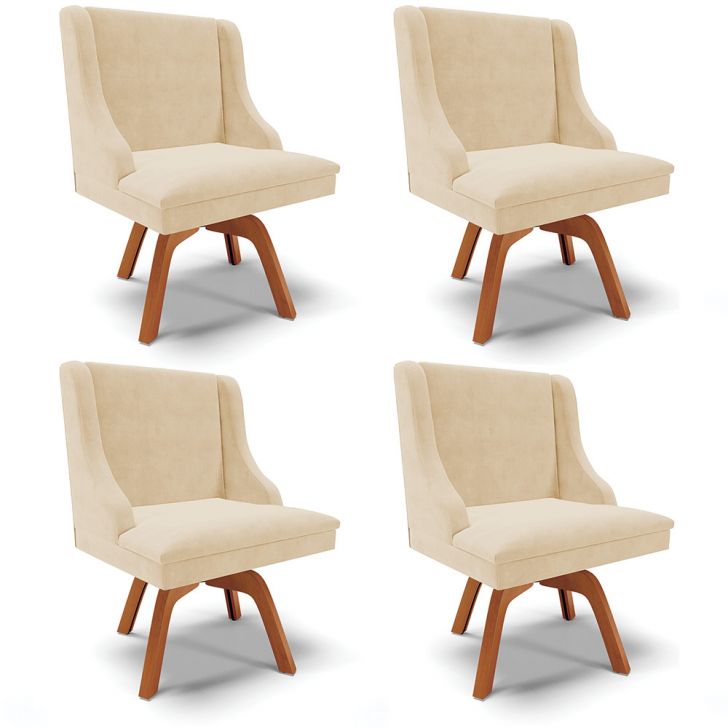Kit 04 Cadeiras de Jantar Liz Suede Bege Base Giratória de Madeira MM35 - D'Rossi