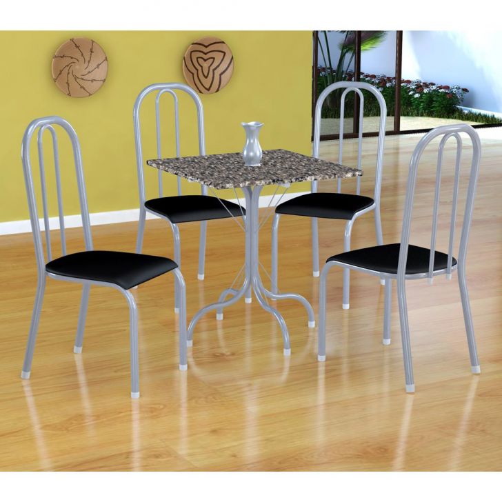 Conjunto De Mesa Malaga Com 4 Cadeiras Madri Branco Prata E Preto Liso