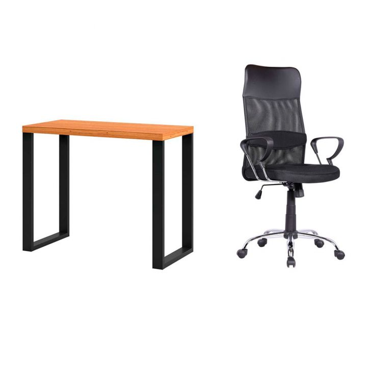 Conjunto de Mesa Anah Freijó com Cadeira de Escritório Diretor Giratória Vancouver II com Braços Preta