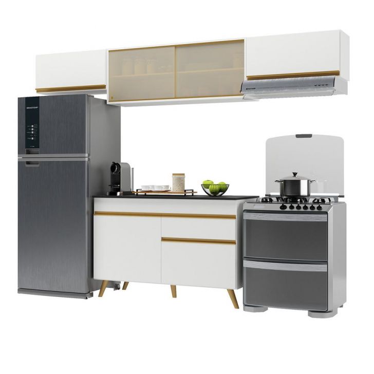 Armário de Cozinha Compacta 260cm Veneza Multimóveis V3698 Branco/Dourado