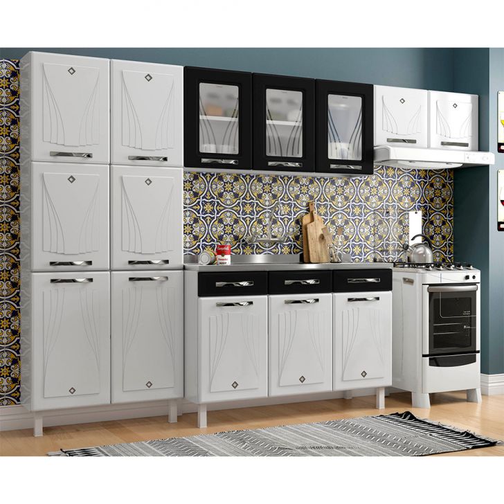 Cozinha Compacta Star New 14 Portas 2 Gavetas Branca e Preta