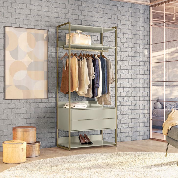 Guarda-roupa Closet Industrial Mital Com Cabideiro 2 Gavetas Off White E Dourado