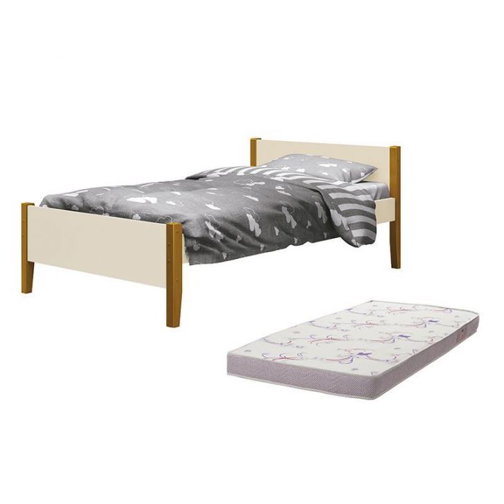 Cama Solteiro Simba Areia Fosco Pés Amadeirado com Colchão D20 - Reller Móveis