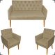 Kit Namoradeira + 2 Poltronas Decorativas Para Sala Nina Com Base E Capitonê Suede Nude Pé Castanho