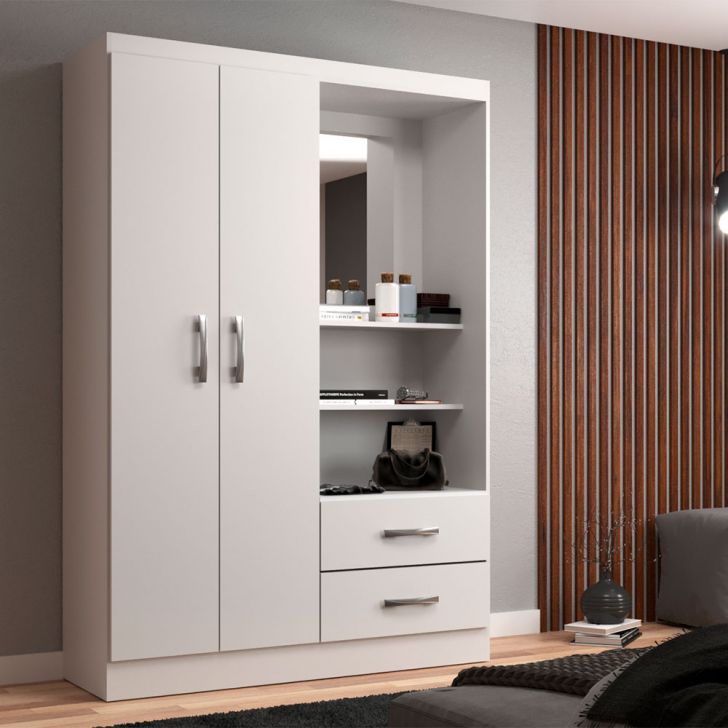 Guarda-roupa Solteiro Com Espelho Capelinha 2 Portas 2 Gavetas Branco