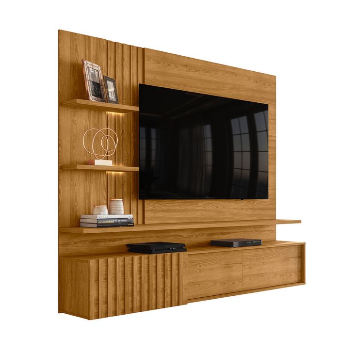 Painel Com Rack Suspenso Para Tv Até 65 Polegadas Atena 2 Portas Cumaru