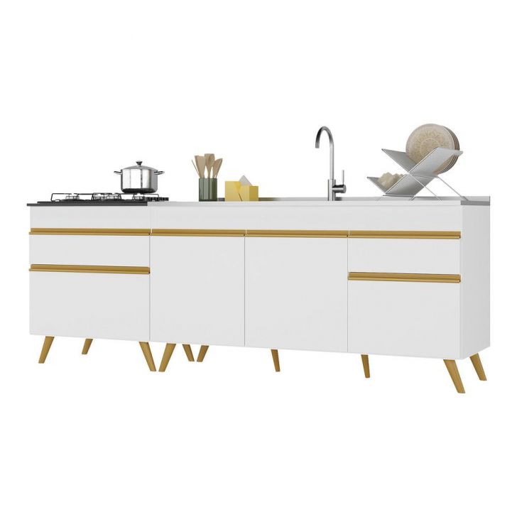 Kit com 2 Balcões de Cozinha 150cm e 70cm Veneza Multimóveis V2073 Branco/Dourado