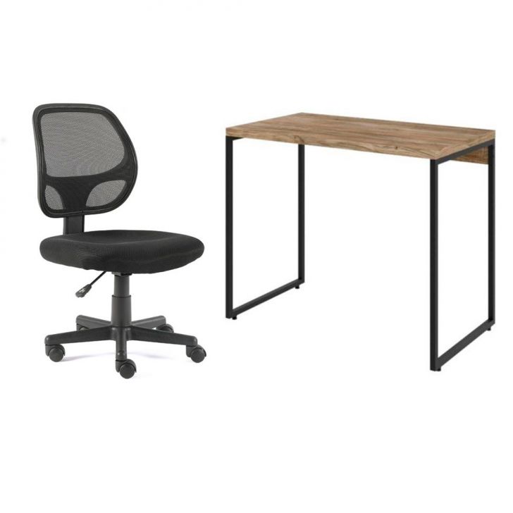 Conjunto de Mesa Studio Carvalho com Cadeira de Escritório Secretária Giratória Oxford Preta