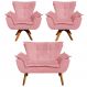 Kit Namoradeira e 2 Poltronas Base Giratória Madeira Opla Suede Rose - Ibiza
