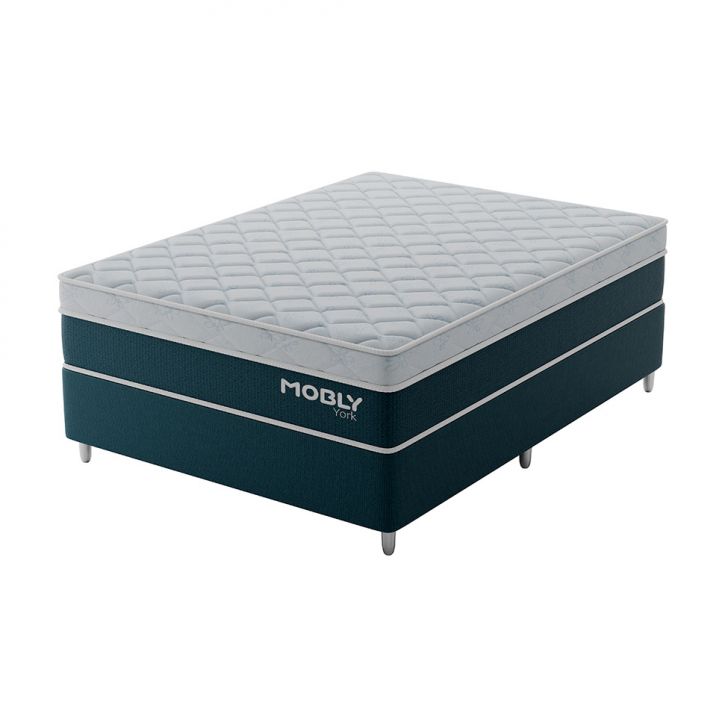 Cama Box Casal York Com Colchão Molas Ensacadas (61x138x188) Azul E Branca