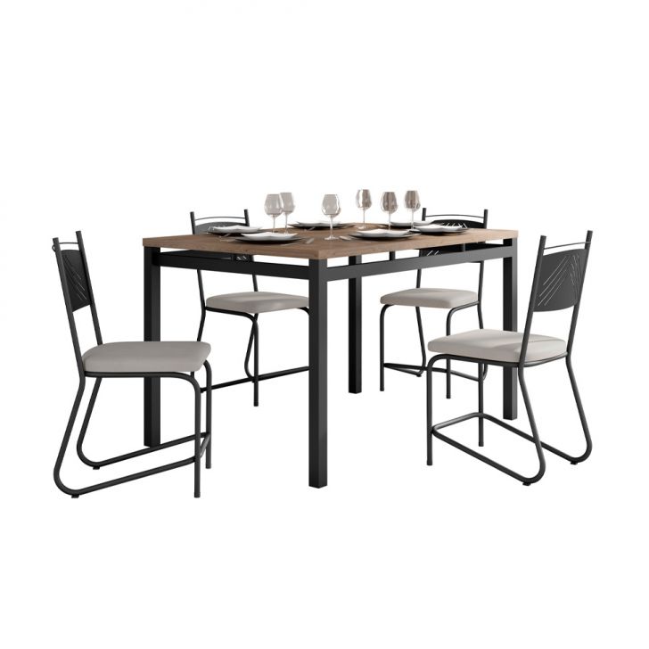 Conjunto De Mesa Retangular Com Tampo De Mdp Marrom Valência E 4 Cadeiras Marselha Revestimento Sintético Bege E Preto