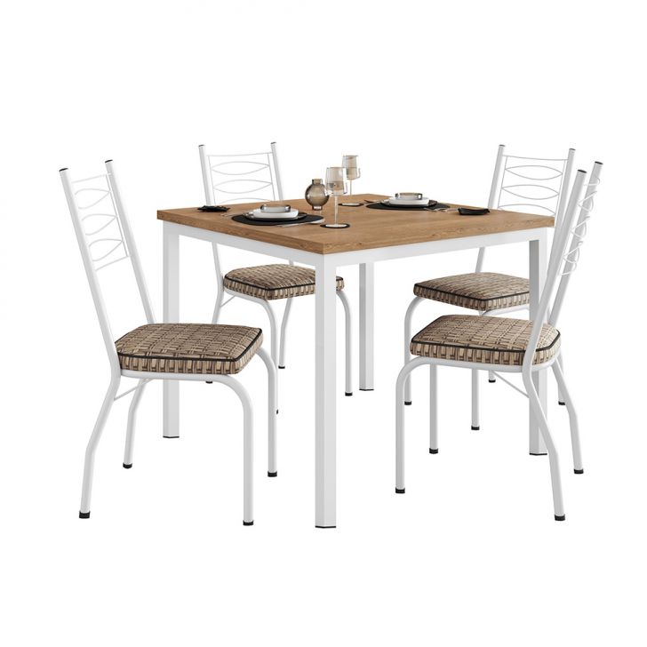 Conjunto De Mesa Quadrada Com Tampo Mdp E 4 Cadeiras Adriana Revestimento Sintético Bege Rattan E Branco