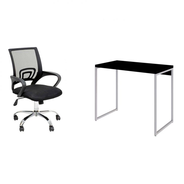 Conjunto de Mesa Studio Preta e Branca com Cadeira de Escritório Secretária Giratória New Java Preta