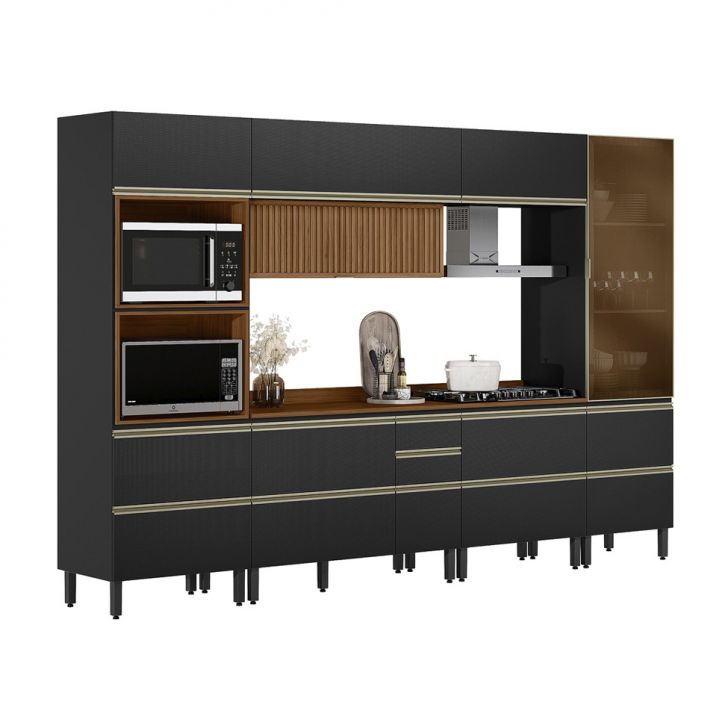Armário de Cozinha Compacta com Vidro Reflecta Proença Ripado 8 Portas 8 Gavetas Carbono e Nogueira