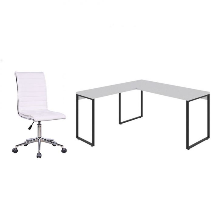 Conjunto de Mesa Kuadra II 150 cm com Cadeira de Escritório Secretária Giratória Marilyn Branca