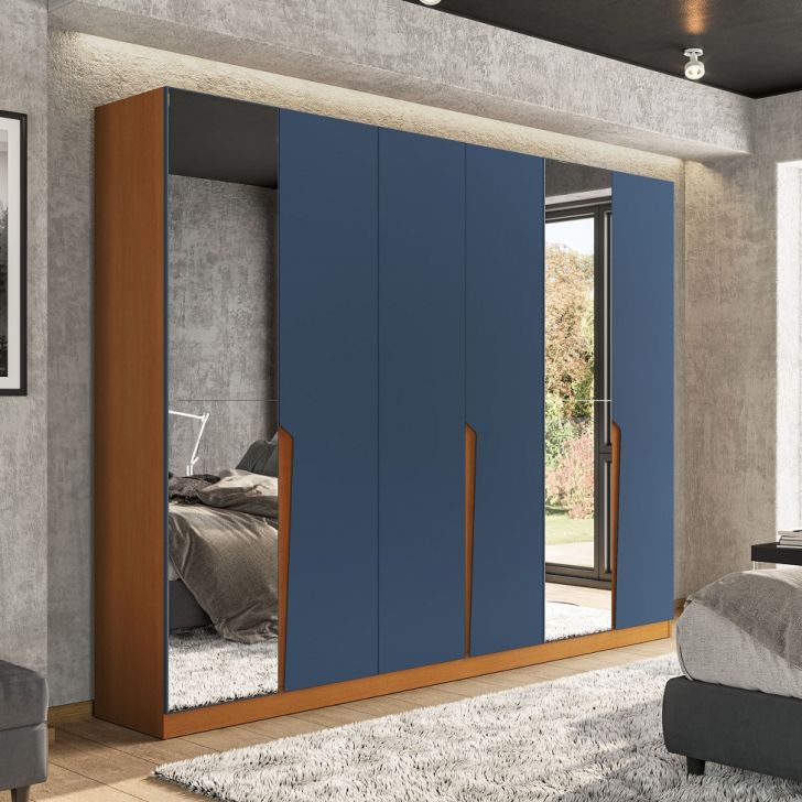 Guarda-roupa Casal Com Espelho Porto 6 Portas 4 Gavetas Freijó E Azul