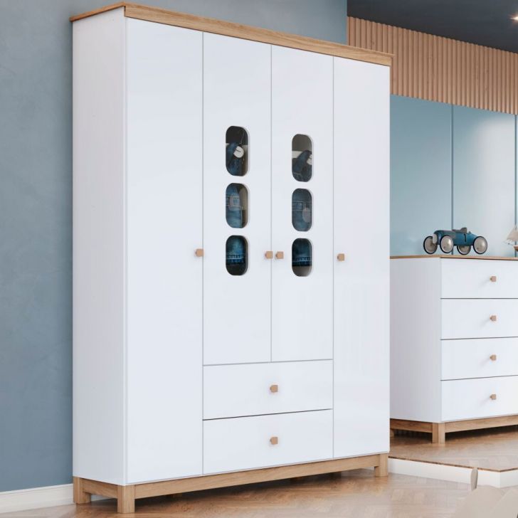 Guarda-Roupa Infantil Aconchego 4 Portas 2 Gavetas Branco e Jequitibá
