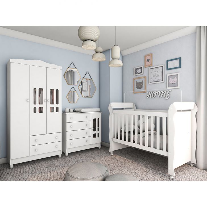 Quarto De Bebê Ariel Ii Berço Guarda-roupa Cômoda Branco Infantil
