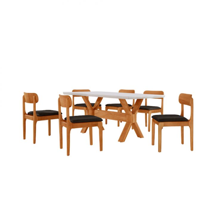 Conjunto De Mesa Retangular Com Tampo De Vidro Off White E 6 Cadeiras Cecília Linho Preto E Cinamomo