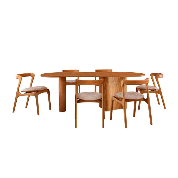 Mesa De Jantar Orgânica Com Tampo Laminado E 6 Cadeiras Savana Corino Milano E Imbuia Natural